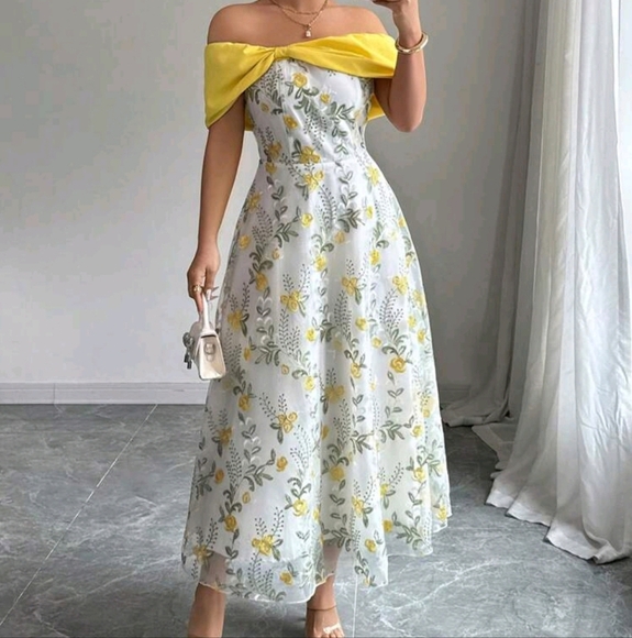 Elegant Off Shoulder Gathered Waist Ruffled Floral Embroidered Mesh Dress - Picture 1 of 4